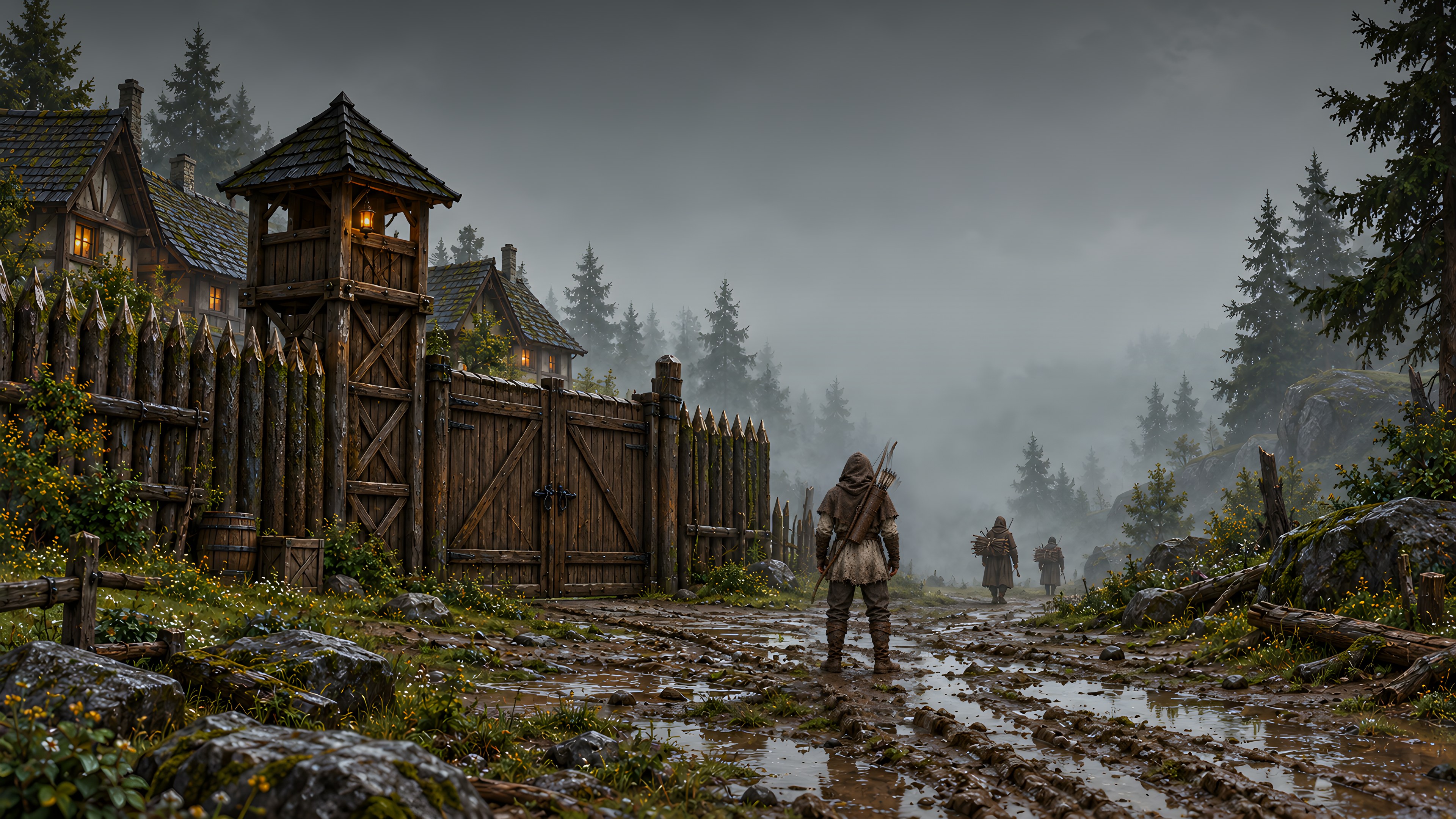 A village enclosed by a log palisade, at the edge of the mist. In the mud before the gate, a hooded archer, seen from behind, looks into the mist.
