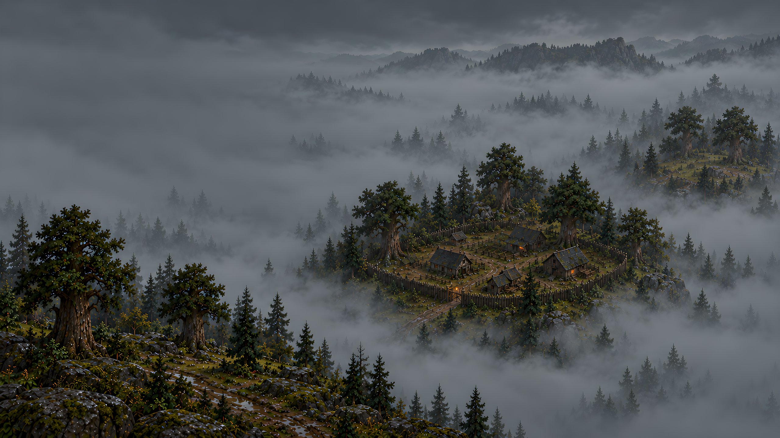 Un valle cubierto de niebla, visto desde lo alto. Entre árboles antiguos, una aldea pequeña cercada por una empalizada de troncos.