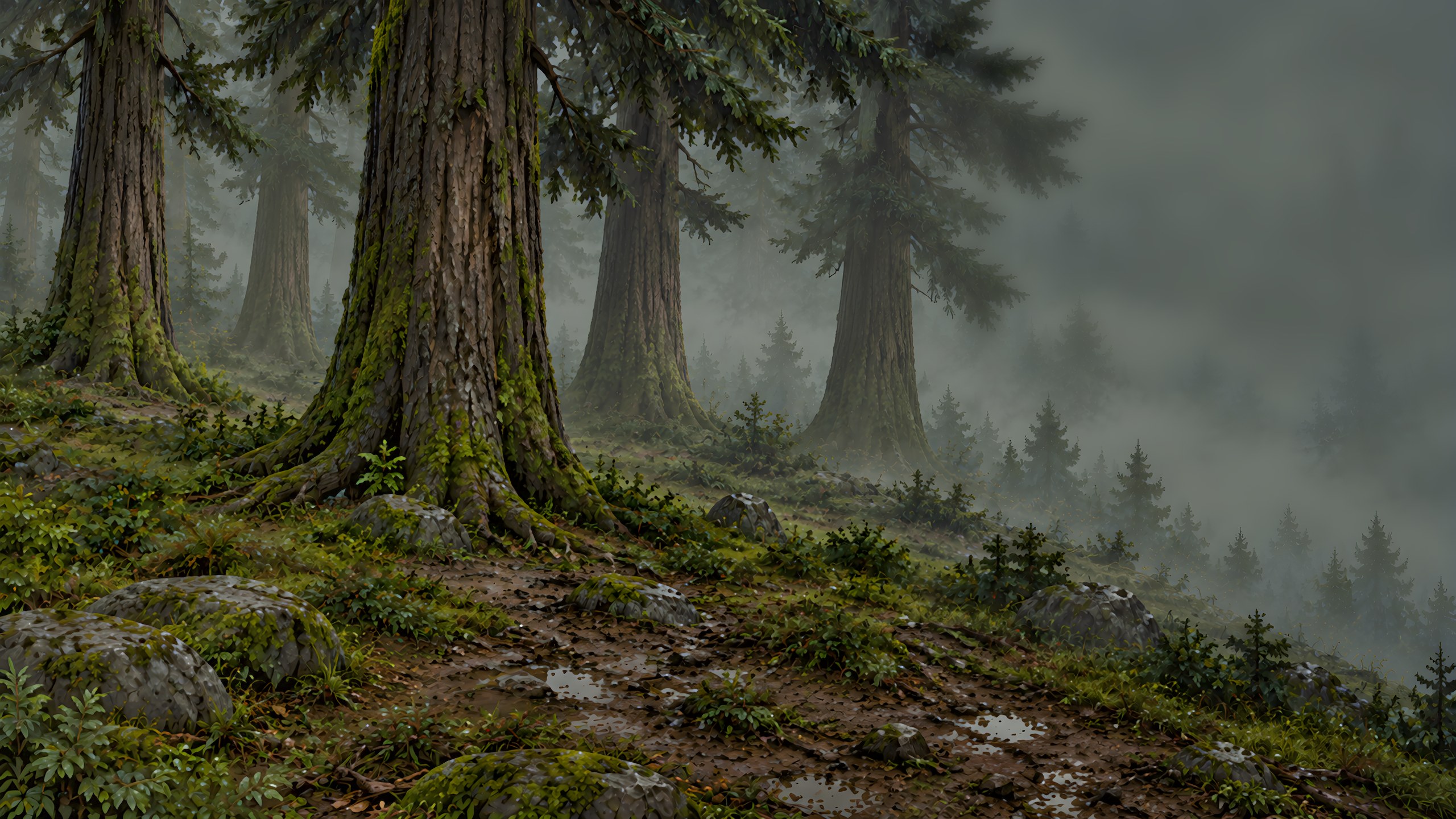 Ancient trees with thick trunks and dark crowns, far larger than the trees around them, in a damp forest. On the ground, moss, mud and puddles. To the right, a low, pale mist covers the ground and thins out between the trunks.