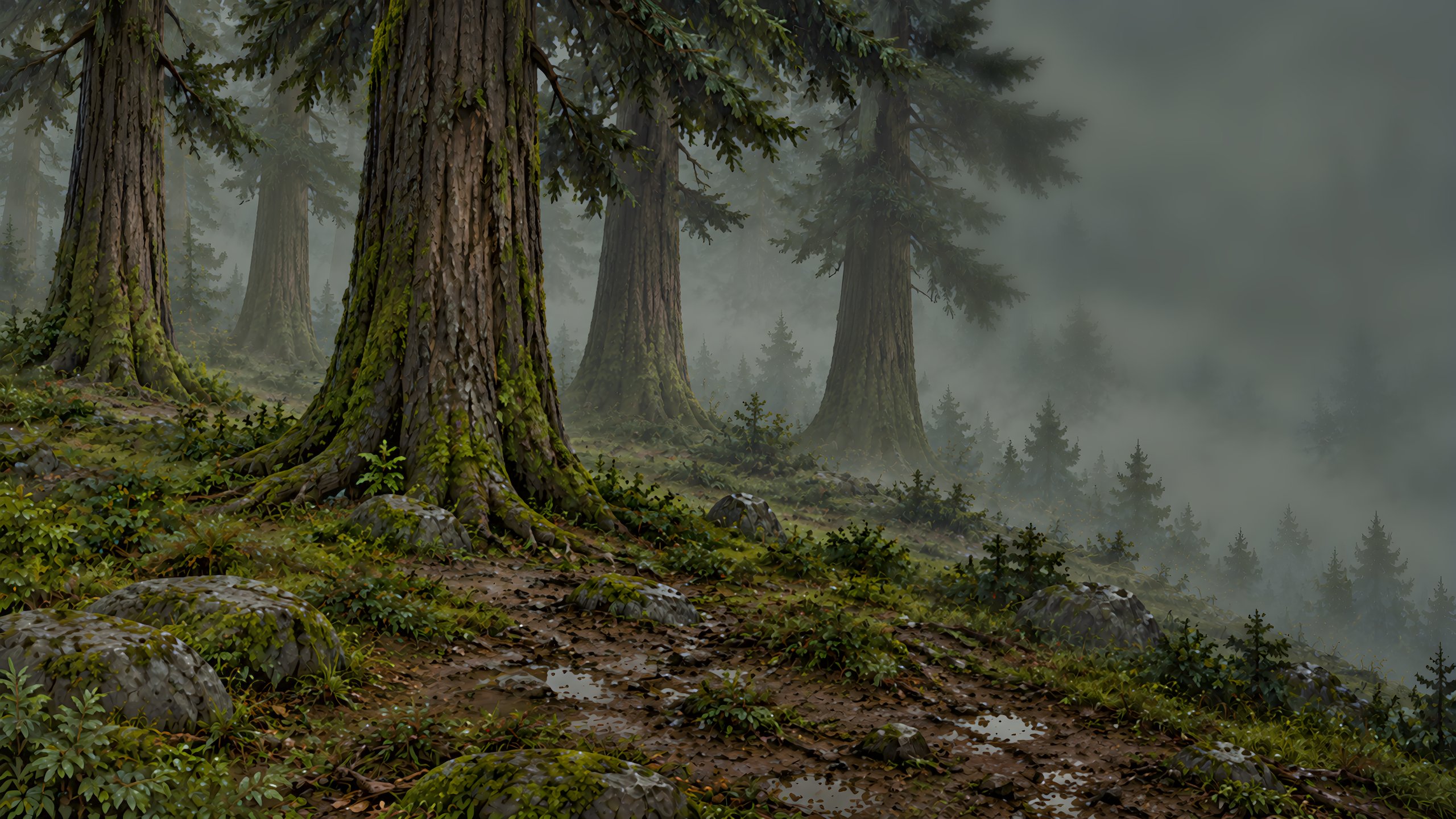 Árboles antiguos de troncos gruesos y copas oscuras, mucho más grandes que los árboles de alrededor, en un bosque húmedo. En el suelo, musgo, barro y charcos. Hacia la derecha, una niebla pálida y baja cubre el suelo y se vuelve rala entre los troncos.