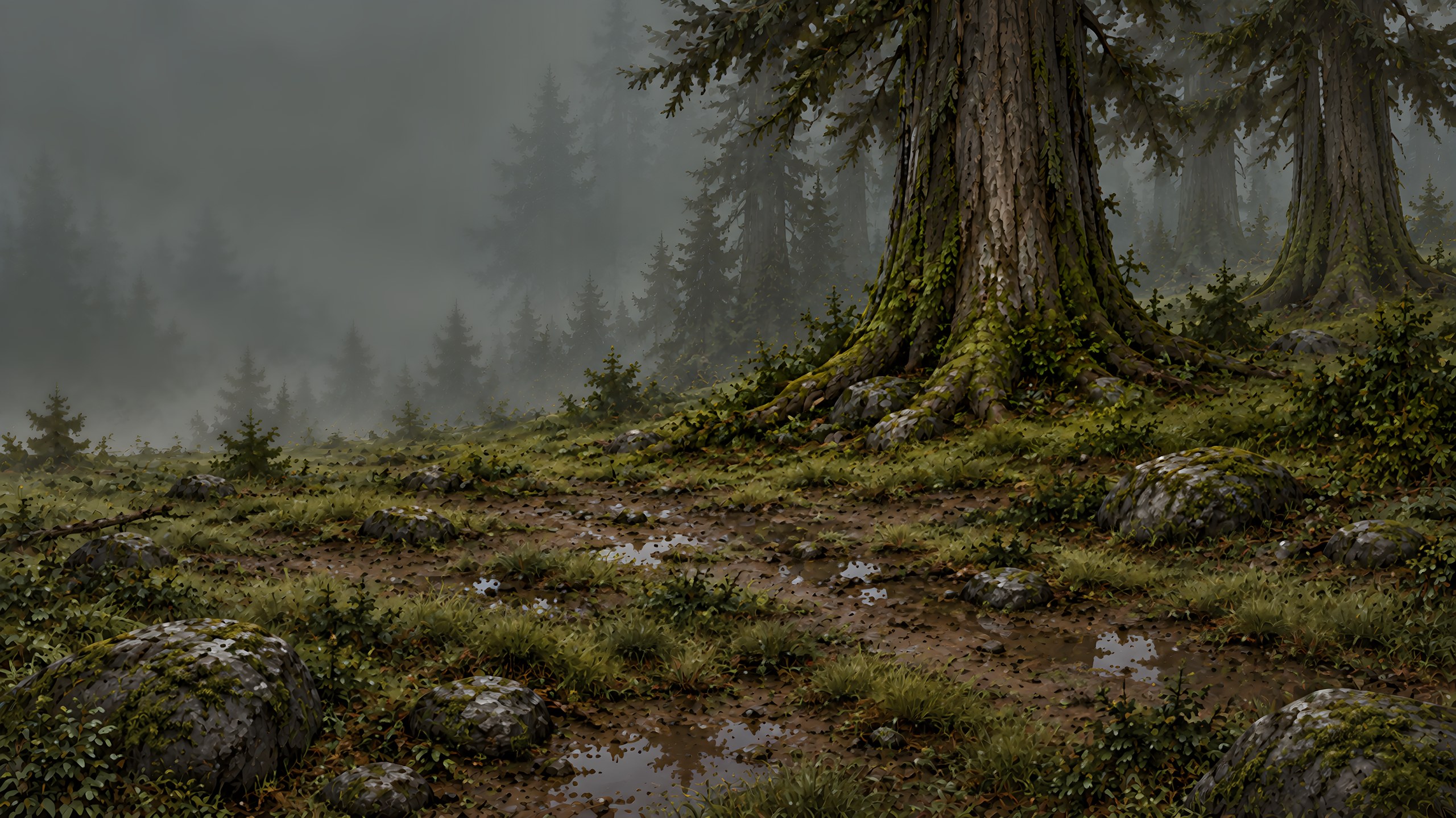 A clearing with wet ground. The mist is thin in the middle and thickens toward the back. To the right, ancient trees.