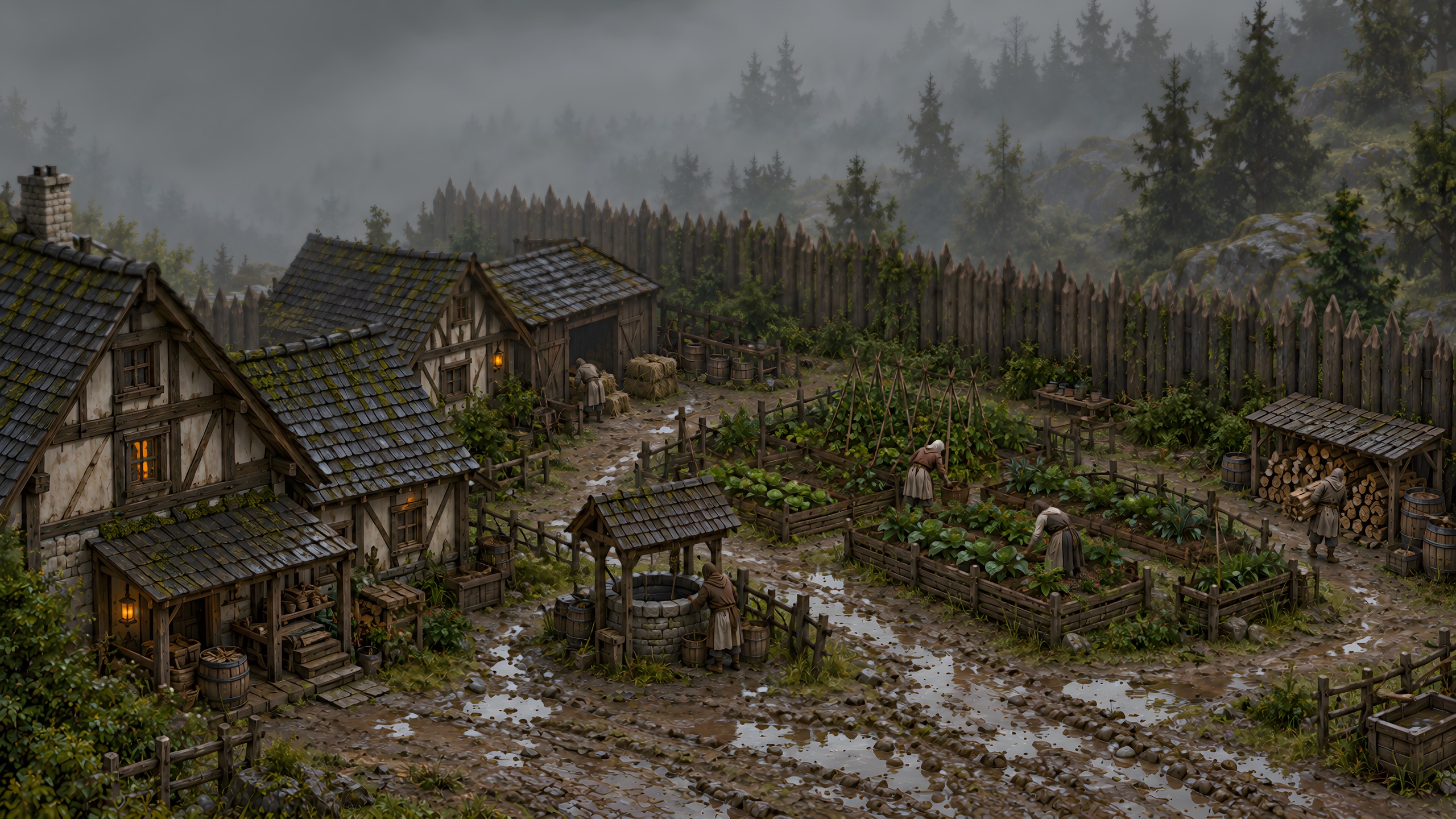 The village seen from inside, from above, on a gray day. In the back, the log palisade and the forest fading into the mist. Wooden houses, a barn, gardens, stacked firewood and a stone well. Villagers work with their backs turned or hooded, bent over the garden beds. Mud, puddles and a few lit windows.