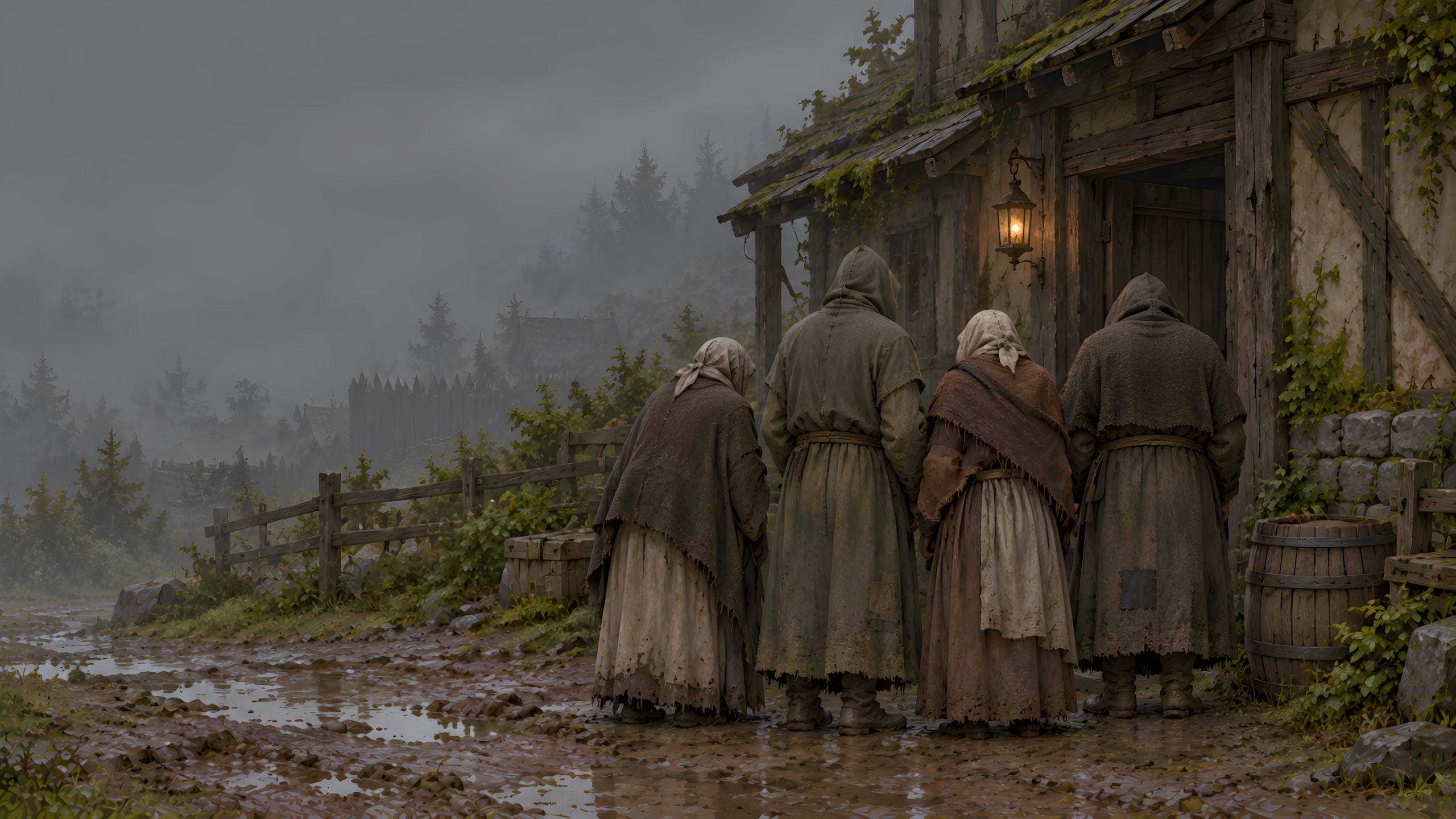 Four villagers, seen from behind, in hoods or head cloths, by the plank wall of a house, after the rain.