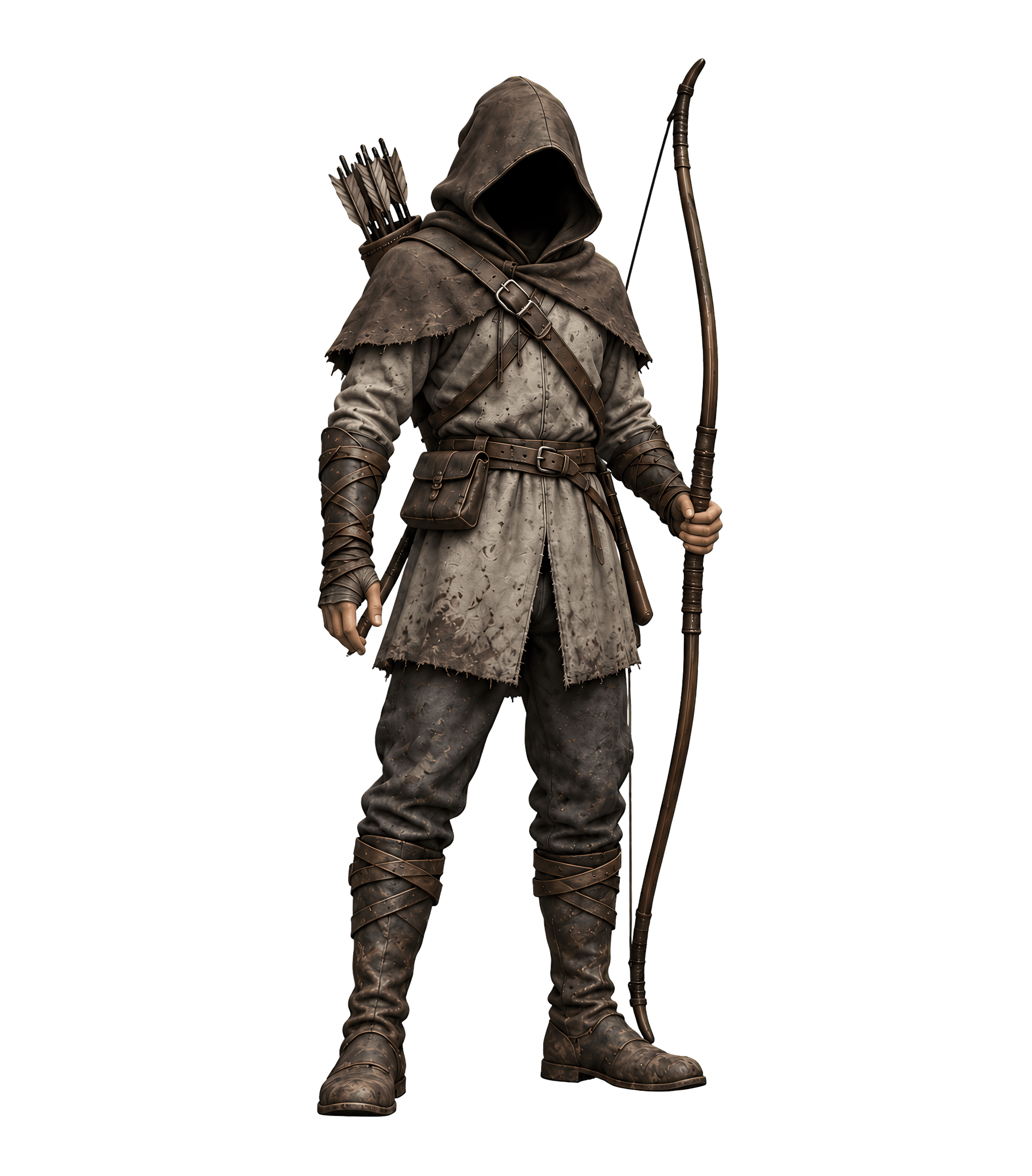 A hooded archer, full length, standing, with a longbow at his side and a quiver on his back. The face stays in the shadow of the hood.